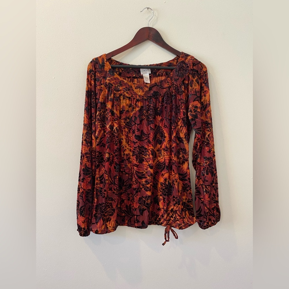 Chico’s Blouse Top Size 1 (Medium/8) Long Sleeve Velvet Mesh Floral Mixed Print
